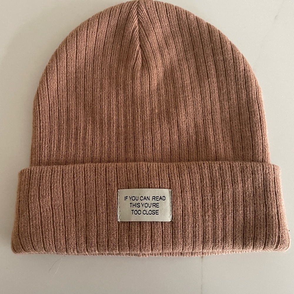 New Vera Moda Ribbed Beanie with 'Too Close' Text Patch